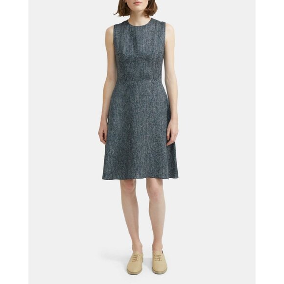 Theory Dart Mini Midi Dress In Herringbone Linen Fit & Flare Formal Work Office - Picture 8 of 11